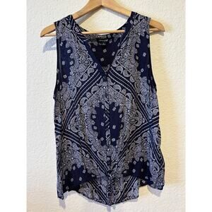 Lucky Brand Boho Tank Top Navy Paisley Hankercheif Print Sz L Tie Button Front